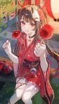  1girl absurdres bare_shoulders bell bench black_choker black_sash breasts brown_hair candy_apple choker commentary_request fingernails food fox_mask highres holding holding_food honkai:_star_rail honkai_(series) japanese_clothes kimono lantern long_hair looking_at_viewer mask mask_on_head nail_polish neck_bell paper_lantern pink_eyes red_kimono red_nails red_sleeves sash sitting smile solo sparkle_(honkai:_star_rail) tororogohan twintails wide_sleeves yukata 
