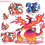  absurdres artist_name blue_fire charizard charmander charmeleon claws closed_mouth commentary dragon dragon_wings dynamax english_commentary evolutionary_line fangs fiery_wings fire flame-tipped_tail full_body gigantamax gigantamax_charizard highres mega_charizard_x mega_charizard_y mega_evolution_symbol mega_pokemon megamug26 numbered open_mouth pokedex_number pokemon pokemon_(creature) pokemon_focus simple_background smile tail white_background wings 