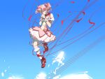  1girl absurdres blue_sky bow bubble_skirt chen346810 chinese_commentary choker closed_eyes commentary_request day dress dress_bow full_body gloves hair_bow highres kaname_madoka kaname_madoka_(magical_girl) kneehighs magical_girl mahou_shoujo_madoka_magica mahou_shoujo_madoka_magica_(anime) midair own_hands_clasped own_hands_together pink_dress pink_hair puffy_short_sleeves puffy_sleeves red_choker red_ribbon red_shoes ribbon shoes short_hair short_sleeves short_twintails skirt sky socks solo soul_gem twintails white_gloves white_socks 