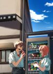  1boy 1girl absurdres belt black_belt black_pants blue_sailor_collar blue_skirt brown_hair can closed_eyes cloud commentary highres higurashi_no_naku_koro_ni holding holding_can kkoo7 maebara_keiichi neckerchief open_mouth orange_hair pants pleated_skirt ryuuguu_rena sailor_collar school_uniform serafuku shirt short_sleeves skirt smile vending_machine white_shirt yellow_neckerchief 