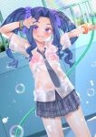  1girl :d alternate_costume arms_up blush bra cleaning_pool collarbone commentary_request contemporary cowboy_shot curtained_hair day empty_pool english_commentary grey_necktie grey_skirt hair_ribbon highres holding holding_hose hose long_hair melty_q_melromarc miniskirt mixed-language_commentary necktie nekokyun orange_scrunchie paid_reward_available pink_bra plaid_clothes plaid_skirt pool purple_eyes purple_hair purple_nails purple_ribbon ribbon scrunchie see-through_clothes see-through_shirt shiny_skin shirt skirt smile soap_bubbles solo spraying standing tate_no_yuusha_no_nariagari underwear variant_set water_drop wet wet_clothes wet_shirt white_shirt 