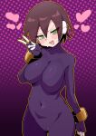  1girl absurdres aile_(mega_man_zx) black_bodysuit blush bodysuit bodysuit_only breasts brown_hair buzzlyears commentary covered_navel covered_pussy cowboy_shot fang green_eyes heart highres large_breasts mega_man_(series) mega_man_zx open_mouth outline purple_background ringed_eyes robot_ears short_hair skin_fang solo sweat undersuit v yellow_outline 