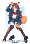  1girl absurdres animal_ear_fluff animal_ears aqua_background arm_up black_shoes black_thighhighs blue_jacket blue_skirt blush bow bowtie brown_eyes collared_shirt commentary commission english_commentary fox_ears fox_girl fox_tail full_body furry furry_female gradient_background heterochromia highres jacket long_hair long_sleeves looking_at_viewer miniskirt mo_(k40633) original parted_lips pleated_skirt purple_hair red_bow red_bowtie red_eyes school_uniform shirt shirt_tucked_in shoes simple_background skirt snout solo tail thighhighs thighs torn_clothes torn_thighhighs white_shirt 