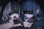  1boy 2girls after_fellatio between_legs black_hair blindfold blue_hair blunt_ends breasts cleavage commentary cum cum_bubble cum_on_body cum_on_breasts cumdrip english_commentary facing_viewer from_above greatodoggo grey_hair hair_ornament hairclip hands_on_another's_leg hetero highres hololive hololive_english indoors large_breasts long_hair medium_hair moaning multicolored_hair multiple_girls open_mouth ouro_kronii patreon_logo pov saliva shiori_novella sidelocks sound_effects split-color_hair tongue tongue_out torn_clothes twitter_logo virtual_youtuber watermark white_hair 