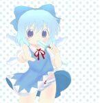  1girl 2000s_(style) bananafryapple blue_dress blue_eyes blue_hair blush bow bow_panties cirno commentary cowboy_shot dress faux_retro_artstyle food food_in_mouth hair_bow highres holding holding_food holding_popsicle ice ice_wings melting_popsicle neck_ribbon panties pointing pointing_at_viewer polka_dot polka_dot_background popsicle popsicle_in_mouth puffy_short_sleeves puffy_sleeves red_ribbon ribbon short_hair short_sleeves solo striped_clothes striped_panties touhou underwear untranslatable_commentary wings 