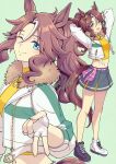  1girl animal_ears asymmetrical_footwear belt blush breasts brown_hair closed_mouth commentary_request crop_top cropped_jacket fingerless_gloves fur-trimmed_jacket fur_trim gloves green_skirt gyaru_v hi_(ibisf5umauma) highres horse_ears horse_girl horse_tail jacket long_hair long_sleeves looking_at_viewer medium_breasts mejiro_palmer_(line_breakthrough)_(umamusume) mejiro_palmer_(umamusume) midriff mismatched_footwear multicolored_hair navel one_eye_closed open_mouth pink_belt ponytail shirt skirt smile streaked_hair tail umamusume v white_gloves white_hair white_jacket yellow_shirt 