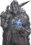  1girl 1other ambiguous_gender armor belt bloody_wolf_(elden_ring) blue_hair blue_skin cloak colored_skin cowboy_shot curtained_hair elden_ring extra_arms full_armor fur_cloak gauntlets hat helm helmet highres in_palm large_hat mini_person miniature_ranni minigirl nameno92372763 over_shoulder plume ranni_the_witch sword sword_over_shoulder tarnished_(elden_ring) weapon weapon_over_shoulder white_background witch_hat 