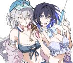  bikini black_hair blue_eyes blue_hair breasts bronya_zaychik bronya_zaychik_(silverwing:_n-ex) cleavage commentary denim denim_bikini eyewear_on_head food grey_eyes grey_hair headphones headphones_around_neck heart heart-shaped_eyewear highres holding holding_food holding_ice_cream holding_water_gun honkai_(series) honkai_impact_3rd ice_cream jewelry korean_commentary large_breasts licking_lips long_hair multicolored_hair navel necklace oldsprout1108 seele_vollerei seele_vollerei_(wings_of_panacea) short_hair simple_background stomach swimsuit tongue tongue_out two-tone_hair very_long_hair visor_cap water_gun white_background white_bikini 