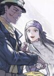  1boy 1girl asirpa bandana belt bird black_hair blue_eyes blue_jacket brown_belt brown_eyes commentary earrings fur_scarf golden_kamuy happy hat highres hoop_earrings jacket jewelry kepi long_hair looking_at_another military_hat military_uniform open_mouth peaked_cap purple_bandana scar scar_on_cheek scar_on_face scarf short_hair simple_background standing sugimoto_saichi teeth tul_mission upper_body upper_teeth_only yellow_scarf 