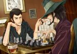  2boys alcohol arm_hair arsene_lupin_iii banknote beard black_hair black_shirt board_game chair chess chess_piece chessboard cigarette commentary curtains dollar_bill drink facial_hair glass holding holding_chess_piece jigen_daisuke lupin_iii male_focus money multiple_boys picture_frame purple_shirt shirt sleeves_rolled_up smoking twitter_username udun10rol untranslatable_commentary vodka watermark 