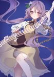 1girl biwa_lute blue_background blush brown_ribbon chain commentary_request dress flower hair_flower hair_ornament highres instrument long_hair long_sleeves looking_at_viewer lute_(instrument) musical_note musical_staff neck_ribbon purple_eyes purple_hair ribbon solo touhou tsukumo_benben white_flower ww333v yellow_dress 