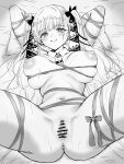  1girl absurdres anus arms_behind_head azur_lane bar_censor bell breasts censored commentary_request formidable_(azur_lane) greyscale highres large_breasts monochrome naked_ribbon navel neck_bell nipples on_bed patrasche_doge pillow pussy ribbon solo spread_legs stomach twintails two-tone_ribbon variant_set 