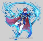  1boy armor binding_blade_(weapon) blue_armor blue_aura blue_boots blue_cape blue_eyes blue_gloves blue_tunic boots cape commentary_request emblem_(fire_emblem_engage) fighting_stance fingerless_gloves fire_emblem fire_emblem:_the_binding_blade fire_emblem_engage fire_emblem_heroes gloves headband holding holding_sword holding_weapon kuroi_susumu looking_at_viewer male_focus official_art open_mouth pants red_cape red_hair roy_(fire_emblem) short_hair shoulder_armor sword teeth tunic weapon white_pants 