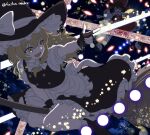  2girls absurdres apron ascot battle black_hat black_skirt black_vest blonde_hair bow braid broom broom_riding brown_eyes brown_hair commentary_request danmaku detached_sleeves fingerless_gloves frilled_bow frilled_hair_tubes frilled_skirt frills gloves hair_bow hair_tubes hakurei_reimu hat hat_bow highres kirisame_marisa laser long_hair multiple_girls orb puffy_short_sleeves puffy_sleeves red_bow red_skirt ribbon-trimmed_sleeves ribbon_trim saika_blossom short_sleeves side_braid single_braid skirt skirt_set socks touhou twitter_username vest waist_apron white_apron white_bow white_socks witch_hat yellow_ascot yellow_eyes yin_yang yin_yang_orb 