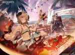  2girls :q arknights arm_strap bare_shoulders beach bikini black_eyes black_gloves blonde_hair blowtorch breasts brown_hair chest_harness choker cleavage cloud commentary cooking copyright_logo copyright_notice cross-shaped_pupils demon_horns english_commentary fire fire_extinguisher firefighter firefighter_helmet firefighter_jacket food fried_egg gloves grill grilling harness helmet highres holding holding_megaphone holding_skewer horizon horns ifrit_(arknights) ifrit_(sunburn)_(arknights) jacket kawa683 knee_pads logo material_growth meat megaphone motor_vehicle multiple_girls navel ocean official_alternate_costume official_art orange_choker orange_eyes orange_nails oripathy_lesion_(arknights) outdoors palm_tree parted_bangs sarong see-through_clothes see-through_sarong shaw_(arknights) shish_kebab short_hair single_glove skewer sky small_breasts squirrel_girl squirrel_tail stomach sunset surfboard swimsuit symbol-shaped_pupils tail tongue tongue_out tree van white_bikini white_helmet 