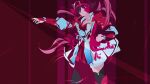  1girl animal_ears black_boots boots clenched_hand collarbone commentary ear_ornament echoo headband highres horse_ears horse_girl jacket long_hair no_reason_(speedy_red_armor)_(umamusume) no_reason_(umamusume) outstretched_arm red_background red_hair red_jacket skirt solo standing thigh_boots umamusume white_skirt zettai_ryouiki 