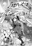  3boys 5girls animal_ears architecture ayatsumugi_roka belt ben-day_dots blush boots chamaaaaaax cho_kaguya-hime! chuken_otako clip_studio_paint_(medium) commentary crescent crescent_hair_ornament east_asian_architecture egasumi flag fox_ears fox_shadow_puppet fushi_(cho_kaguya-hime!) greyscale hair_ornament hair_rings hair_stick highres holding holding_flag inudoge isayama_mami japanese_clothes kaguya_(cho_kaguya-hime!) kimono komazawa_noi komazawa_rai lop_rabbit_ears making-of_available mikado_akira_(cho_kaguya-hime!) monochrome multiple_boys multiple_girls obi obijime outdoors rabbit_ears rabbit_footwear runami_yachiyo sakayori_iroha sash screentones wide_sleeves 