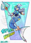  1girl android armor blue_armor blue_background blue_eyes blue_gem blue_helmet breasts character_name commentary_request english_text fins forehead_jewel full_body gem gloves helmet highres holding holding_polearm holding_weapon looking_at_viewer medium_breasts mega_man_(classic) mega_man_(series) mega_man_9 merfolk mermaid monster_girl oomasa_teikoku open_mouth outline polearm robot_girl shoulder_armor signature solo splash_woman teeth trident upper_teeth_only watermark weapon white_background white_gloves white_outline yellow_gem 