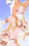  1girl absurdres animal_ear_fluff animal_ears arabian_clothes blonde_hair blue_archive commentary cross_halo dancer ear_wreath extra_ears forehead fox_ears fox_girl gold_collar halo harem_outfit highres long_hair looking_at_viewer meow_kim0808 mouth_veil navel pelvic_curtain see-through_clothes see-through_pelvic_curtain see-through_sleeves see-through_veil seia_(blue_archive) seia_(harem)_(blue_archive) solo veil yellow_halo 