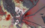  1boy 1girl absurdres asymmetrical_legwear black_dress black_gloves blood blood_on_clothes blood_on_face blood_on_ground bloody_wings chinese_commentary commentary_request dark_datura_(love_and_deepspace) dragon dragon_wings dress elbow_gloves faceless faceless_female from_above gloves grass highres long_hair love_and_deepspace official_alternate_costume on_ground protagonist_(love_and_deepspace) red_dress strapless strapless_dress sylus_(abyssal_sovereign)_(love_and_deepspace) sylus_(love_and_deepspace) two-tone_dress watermark weibo_watermark white_hair wings zhishuo418 