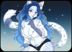  1girl :p animal_ear_fluff animal_ears bare_shoulders black_shorts blue_eyes blue_hair blue_tongue blush breasts colored_tongue commentary commission english_commentary furry furry_female gradient_background hand_up highres large_breasts leopard_girl leopard_tail long_hair long_sleeves looking_at_viewer micro_shorts mo_(k40633) mole mole_under_eye navel nipple_slip nipples off_shoulder original pubic_tattoo shirt shorts simple_background smile solo stomach tail tattoo tongue tongue_out white_shirt 