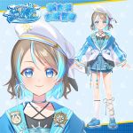  1girl blue_eyes blue_hair blush brown_hair character_name choker collarbone commentary_request crop_top english_text grey_hair hair_ornament hat highres jacket logo long_sleeves love_live! love_live!_sunshine!! midriff midriff_peek multicolored_hair official_art ribbon sailor sailor_collar sailor_hat see-through_clothes shoes short_hair shorts simple_background single_sock skirt smile sneakers socks striped_clothes watanabe_you wavy_hair 