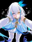  1girl bare_shoulders black_background blue_dress blue_eyes blue_hair blue_ribbon blush commentary_request detached_sleeves dress gold_trim gradient_hair hair_ribbon heart heart-shaped_pupils highres kabedon long_hair long_sleeves looking_at_viewer low-tied_long_hair low_twintails multicolored_dress multicolored_hair parted_lips pov ribbon sanzakasun shadowverse shadowverse:_worlds_beyond simple_background solo sweat symbol-shaped_pupils thighhighs twintails velharia_(shadowverse:_worlds_beyond) very_long_hair white_dress white_hair white_sleeves white_thighhighs yellow_eyes 