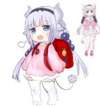  1girl backpack bag bananafryapple beads blue_eyes blunt_bangs blush bow child collared_dress commentary crime_prevention_buzzer dragon_girl dragon_horns dress fang full_body hair_beads hair_ornament headband horns kanna_kamui kobayashi-san_chi_no_maidragon low_twintails lowres name_tag no_shoes open_mouth pink_dress purple_bow purple_hair purple_headband randoseru reference_inset skin_fang sleeves_past_fingers sleeves_past_wrists solo sweatdrop tail thighhighs twintails untranslatable_commentary white_background white_thighhighs 