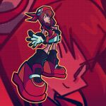  1girl abstract_background bandana bike_shorts bike_shorts_under_shorts black_socks brown_hair butterhat commentary dynamic_pose english_commentary fanny_pack full_body full_moon gloves gradient_background highres looking_at_viewer may_(pokemon) moon parody patterned_background pokemon pokemon_ruby/sapphire/emerald red_background red_bandana red_shirt red_shoes shirt shoes shorts smile socks style_parody thick_outlines white_gloves zoom_layer 