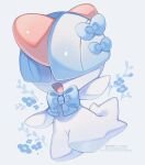  alternate_color blue_bow blue_flower bow bowtie commentary english_text flower full_body happy highres iwasi_29 no_humans open_mouth pokemon pokemon_(creature) pokemon_focus ralts shiny_pokemon simple_background twitter_username untranslatable_commentary watermark white_background 