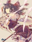  1girl absurdres ascot bow brown_eyes brown_hair chest_sarashi closed_mouth commentary detached_sleeves english_commentary frilled_bow frilled_hair_tubes frilled_skirt frills gohei hair_bow hair_tubes hakurei_reimu highres holding holding_gohei long_hair looking_at_viewer neat_ad4816 red_bow red_skirt ribbon-trimmed_sleeves ribbon_trim sarashi skirt skirt_set solo touhou yellow_ascot 