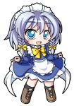  1girl :d apron black_boots black_socks blue_dress blue_eyes blush boots bow bowtie braid chibi chibi_only commentary_request dress frilled_apron frilled_dress frills full_body grey_hair hair_between_eyes hair_bow holding_own_dress izayoi_sakuya juliet_sleeves kneehighs lace-up_boots long_sleeves maid maid_headdress open_mouth puffy_sleeves shinjitsu short_hair simple_background smile socks solo standing touhou twin_braids white_apron white_background yellow_bow yellow_bowtie 