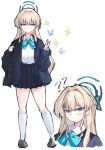  1girl ? ?? absurdres bag black_bag black_shoes blonde_hair blue_archive blue_bow blue_bowtie blue_eyes blue_halo blush bow bowtie braid breasts close-up closed_mouth collared_shirt commentary dress_shirt hair_between_eyes halo highres holding holding_bag kneehighs light_blush light_smile long_hair long_sleeves looking_at_viewer miniskirt niyopo school_uniform shirt shoes simple_background skirt smile socks solo sparkle toki_(blue_archive) toki_(school_uniform)_(blue_archive) white_background white_shirt white_socks 