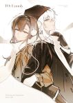  1boy 1girl absurdres adjusting_scarf alternate_costume arknights back-to-back beanie black_coat black_gloves black_hairband brown_coat brown_hair brown_hat chinese_commentary closed_mouth coat commentary_request doctor_(anime)_(arknights) doctor_(arknights) duffel_coat earphones english_text enpera from_side gloves grey_hair hairband hat heads_together hetero highres locked_arms long_hair looking_at_viewer male_doctor_(arknights) parted_bangs priestess_(arknights) scarf shared_clothes shared_earphones shared_scarf sideways_glance smile turning_head upper_body white_gloves white_hair white_scarf yomi_tamashi 