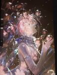  1girl absurdres commentary dark_background detached_sleeves english_commentary flower from_side hands_up highres huli_xiaobai looking_up necktie original pink_hair scarf see-through_body see-through_clothes see-through_hair snowflakes tears 