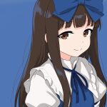  1girl absurdres blue_background blue_bow blue_dress blue_ribbon bow brown_eyes brown_hair closed_mouth commentary dress gemen_daochu_shuijiao hair_bow highres long_hair looking_at_viewer missing_wings neck_ribbon ribbon simple_background smile solo star_sapphire touhou upper_body 