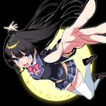  1girl absurdres anime_coloring black_hair black_jacket black_sky blazer blue_eyes blue_skirt blunt_bangs blunt_sidelocks blush bow bowtie breasts brown_shoes commentary commentary_request contrast_lapels dress_shirt floating floating_hair foreshortening frilled_skirt frills full_body full_moon hair_ornament hairclip highres jacket lapels loafers long_sleeves looking_at_viewer lower_teeth_only lyrics maorisu_henkyo_haku medium_breasts miniskirt moon night nijisanji notched_lapels open_mouth outline outstretched_arms perspective pink_bow pink_bowtie plaid_clothes plaid_lapels plaid_skirt pleated_skirt reaching reaching_towards_viewer sanpaku school_uniform shirt shoes sidelocks skirt sky smile solo star_(symbol) star_in_eye sweater symbol_in_eye teeth thighhighs tsukino_mito tsukino_mito_(1st_costume) virtual_youtuber white_outline white_shirt white_thighhighs wing_collar yellow_sweater zettai_ryouiki 