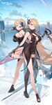  2girls absurdres artist_request bare_shoulders black_gloves blonde_hair blue_eyes breasts building butterfly_hair_ornament cleavage closed_mouth day epic_seven gloves hair_ornament hair_over_one_eye high_heels highres holding holding_weapon large_breasts long_hair luciella_(epic_seven) multiple_girls official_art official_wallpaper red_eyes rhianna_(epic_seven) sideboob skyscraper standing thighs very_long_hair weapon 