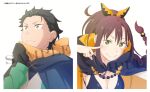  1boy 1girl bikini black_bikini black_cape black_hair brown_hair cape commentary_request green_eyes green_jacket hair_ribbon jacket natsuki_subaru official_art re:zero_kara_hajimeru_isekai_seikatsu ribbon sagawa_haruka sample_watermark shaula_(re:zero) simple_background smile swimsuit watermark white_background 