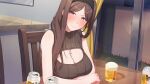  1girl alcohol beer blush breast_rest breasts breasts_on_table brown_eyes brown_hair chair cleavage cleavage_cutout closed_mouth clothing_cutout cross cross_necklace cup game_asset head_tilt highres indoors jewelry large_breasts long_hair long_sidelocks looking_at_viewer necklace non-web_source official_art on_chair s.u._(simpleu818) self-datamine shinonome_kasumi sidelocks sitting sleeveless sleeveless_sweater solo summer_clover sweater variant_set 