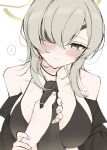  ... 1girl 1other absurdres bare_shoulders black_bra black_necktie blonde_hair blue_archive blush bra breasts closed_mouth commentary_request embarrassed eyepatch grabbing_another's_necktie green_eyes halo hayato_hoshi604 head_tilt highres holding_another's_wrist huge_breasts looking_at_viewer medium_hair mole mole_on_breast necktie one_eye_covered open_clothes pov pov_hands shirt shirt_partially_removed simple_background solo_focus speech_bubble spoken_ellipsis suou_(blue_archive) underwear upper_body white_background yellow_halo 