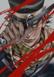  1boy bayonet black_hair blood blue_jacket closed_mouth commentary golden_kamuy hat highres holding holding_knife jacket kepi knife looking_at_viewer male_focus military_hat military_uniform one_eye_covered peaked_cap scar scar_on_cheek scar_on_face scar_on_mouth scarf short_hair simple_background solo star_(symbol) sugimoto_saichi twitter_username untranslatable_commentary upper_body w55674570w weapon white_background yellow_eyes yellow_scarf 