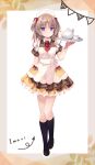  1girl apron arm_behind_back arrow_(symbol) bow braid brown_dress brown_hair brown_shoes character_name collared_dress cup dress dress_bow frilled_apron frilled_dress frills full_body hair_bow hand_up highres holding holding_tray kneehighs kneeling long_hair maid maid_apron maid_headdress mary_janes medium_hair necktie original outline outside_border parted_bangs parted_lips print_dress pudding_print puffy_short_sleeves puffy_sleeves purinpurin purple_eyes red_bow red_necktie shoes short_necktie short_sleeves simple_background single_braid socks solo standing teacup teapot tray two_side_up white_apron white_background white_outline 