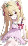  1girl absurdres aco_(aco_7313) alternate_costume alternate_hairstyle arms_at_sides bare_shoulders blonde_hair blush bow collarbone commentary dress dress_bow eyes_visible_through_hair feet_out_of_frame flower flower_on_head frilled_dress frilled_ribbon frills hair_between_eyes hair_intakes hair_over_shoulder hair_ribbon heart heart-shaped_pupils highres konjiki_no_yami leaf leaning_forward long_hair looking_at_viewer open_mouth parted_lips pink_dress red_bow red_eyes red_ribbon ribbon short_dress sidelocks simple_background sitting sleeveless sleeveless_dress solo symbol-shaped_pupils to_love-ru tsurime twintails very_long_hair white_background white_flower 