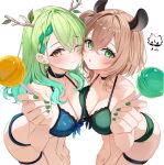  2girls ;) absurdres animal_ears antlers asymmetrical_docking bikini black_choker blue_bikini braid braided_bangs breast_press breasts brown_hair ceres_fauna cheek-to-cheek choker cleavage commentary crossed_bangs double-parted_bangs earrings english_commentary feeding_viewer flower food front-tie_bikini_top front-tie_top gradient_hair green_bikini green_eyes green_hair green_nails hair_between_eyes hair_flower hair_ornament hair_over_one_eye hair_ribbon halterneck heads_together highres holding holding_food holding_popsicle hololive hololive_english horns indie_virtual_youtuber jewelry large_breasts leaning_forward long_hair mole mole_under_eye multicolored_hair multiple_girls nail_polish nimi_nightmare one_eye_closed one_side_up open_mouth popsicle psypolo_d ribbon short_hair simple_background smile star_(symbol) star_earrings string_bikini swimsuit tapir_ears tapir_girl thigh_strap triangle_bikini_top virtual_youtuber voice_actor_connection white_background white_ribbon yellow_eyes 