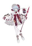  1girl bat_wings blood blood_bag blue_hair bonnet boots commentary cross-laced_clothes cross-laced_legwear dress fashion full_body glasses highres holding holding_polearm holding_weapon lace-up_boots looking_at_viewer polearm remilia_scarlet round_eyewear simple_background solo thighhighs touhou weapon white_background white_boots white_dress white_thighhighs wings zenritsu 