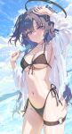  1girl 3wata_ame3 bikini black_bikini black_halo blue_archive blush breasts cloud commentary cowboy_shot dot_nose food groin hair_ornament halo hand_on_own_head highres holding holding_food holding_popsicle long_hair looking_at_viewer mechanical_halo medium_breasts melting_popsicle mountain navel open_clothes open_shirt outdoors parted_bangs parted_lips popsicle purple_eyes purple_hair red_pupils shirt sky solo standing stomach swimsuit thigh_strap twintails water wet wet_clothes white_shirt yuuka_(blue_archive) 
