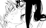  black_hair blush chainsaw_man denji_(chainsaw_man) drooling french_kiss highres kiss long_hair maruimonoga ringed_eyes saliva scar scar_on_cheek scar_on_face short_hair sidelocks sweat sweatdrop tank_top tongue yoru_(chainsaw_man) 