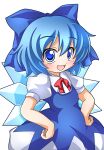  1girl :d blue_bow blue_dress blue_eyes blue_hair blush bow bowtie cirno collared_shirt commentary_request cowboy_shot dress hair_between_eyes hair_bow hands_on_own_hips ice ice_wings open_mouth pinafore_dress red_bow red_bowtie shinjitsu shirt short_hair short_sleeves simple_background sleeveless sleeveless_dress smile solo touhou white_background white_shirt wings 