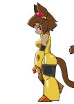  10010no 1girl absurdres animal_ears animal_nose breasts cat_ears cat_girl cat_tail closed_mouth commentary from_side furry furry_female gameoverse goggles goggles_on_head highres kit_bodega looking_at_viewer medium_breasts shirt simple_background snout solo standing tail whiskers white_background yellow_shirt 